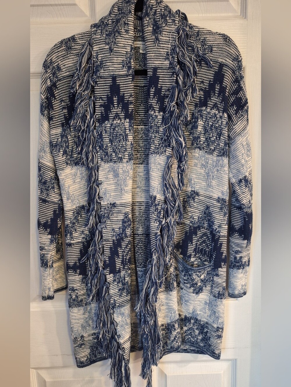 American Eagle Blue White Fringe Open Cardigan Sweater M Boho